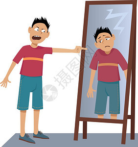一个消极的人在镜子里对自己悲伤的倒影尖叫背景图片