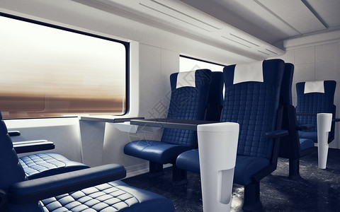 头等舱现代高速列车内的部空蓝色椅子WindowComfortable座椅和桌子商务旅行3D渲染高纹理行材料图片