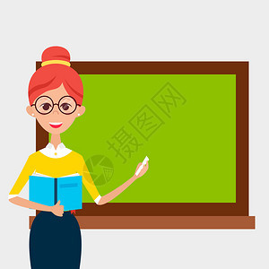 戴着眼镜和书本和空黑板的女教师白上孤立的人物格的矢量图解回到学校平面图片