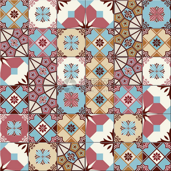 摩洛哥文葡萄牙文Azulejo瓷砖古老装饰品等现代无缝的混杂形式内置设计模版以时图片