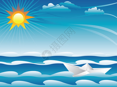 白色卡通纸船在海上航行背景图片