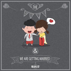 可爱的卡通婚礼夫妇男女黑纸板背景风格图片