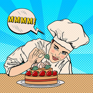 具有吸引力的女主厨用草莓装饰美味蛋糕图片