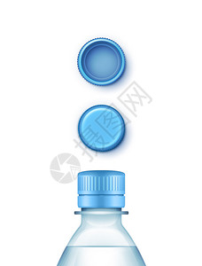 白背景上分离的一组盖子蓝塑料瓶状蓝水图片