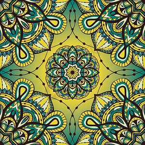无缝矢量华丽图案与曼荼罗纺织品披肩地毯头巾瓷砖的模板东方花丝黄色图片