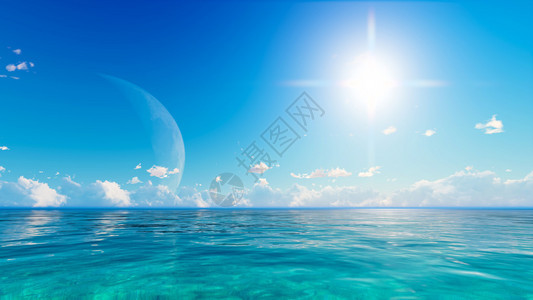 满月在蓝色的大海和天空云3D渲染图片