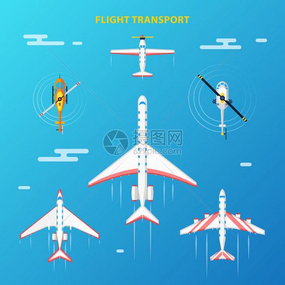 空中运输在飞行收集顶视图与直升机和飞机蓝天背图片