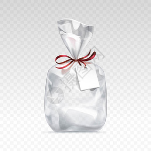 装有红色闪亮丝带和白标签的包件设计的矢量空透明塑料礼品袋关闭在透明背景背景图片