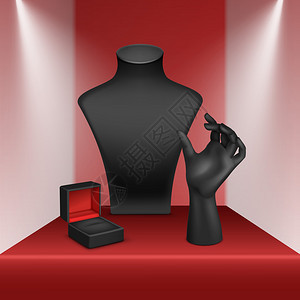 黑领带彩色环的矢量组代表首饰和珠宝盒关闭在红背景图片