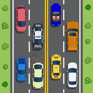 公路交通与顶视图汽车和卡车在柏油路上树木和灌木顶视图平面设图片