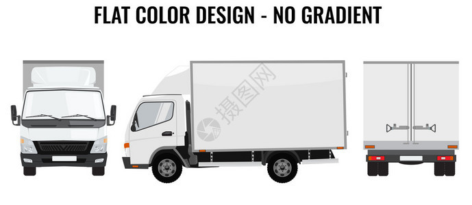 矢量小卡车前视图后视图和侧视图货物运送和平面颜色设计运输的白色卡车汽图片