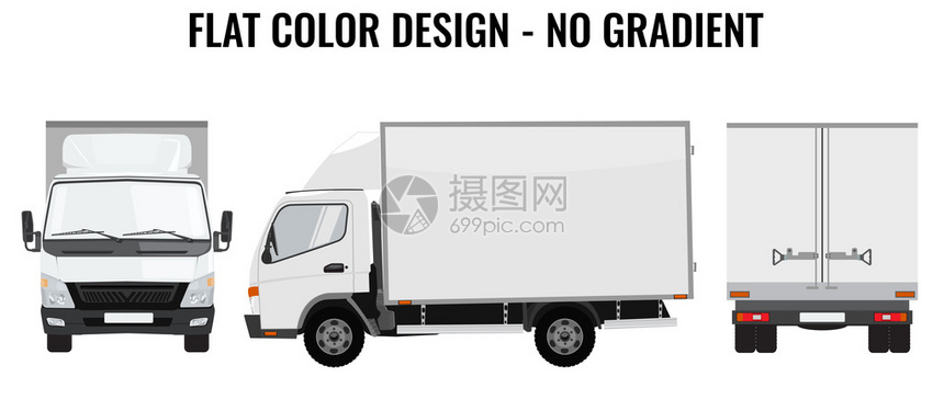 矢量小卡车前视图后视图和侧视图货物运送和平面颜色设计运输的白色卡车汽图片