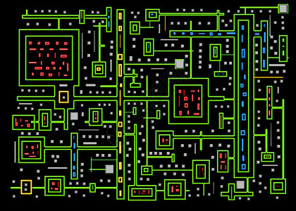 有趣的抽象微芯片板隔离在黑色背景上插图形霓虹灯颜色有亮绿色黄色背景图片