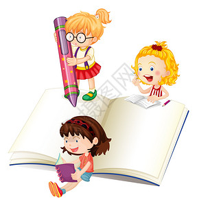 女孩阅读和写作书籍插图图片