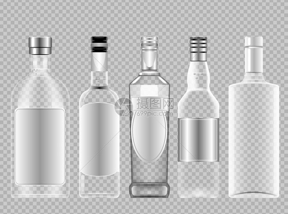 一套透明的玻璃伏特加酒精瓶配有酒杯的盖图片