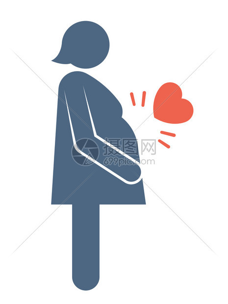 一名腹部肿胀的孕妇的侧视剪影和一个红色的心脏图标图片