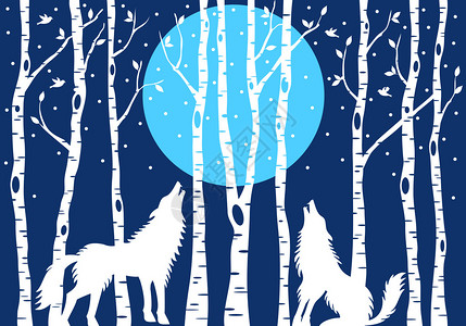 用蓝色月亮和白野生树矢量插图图片