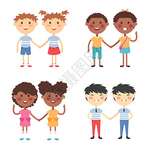 矢量可爱卡通双胞胎兄弟姐妹双胞胎孩子孤立的小孩夫妇孩子们合影孩子