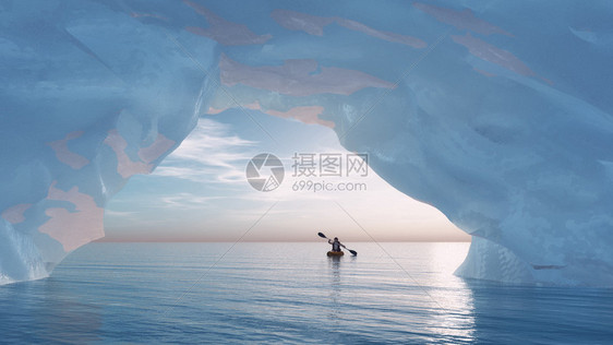 用小船划人到冰山的船头这是一个3d渲染插图图片