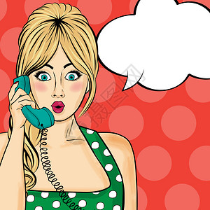 流行艺术女在旧式电话上聊天有言语泡沫的漫画女图片