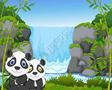 有趣的卡通熊猫与瀑布背景的插图背景图片