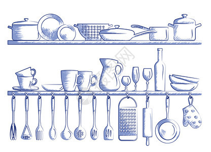 厨房架子和烹饪用具手工绘制卡通图片