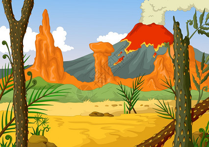 火山与风景背的插图图片