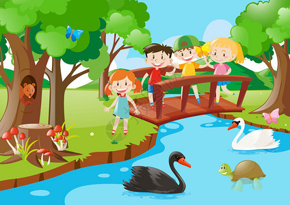 桥上的孩子和公园里的动物插画图片