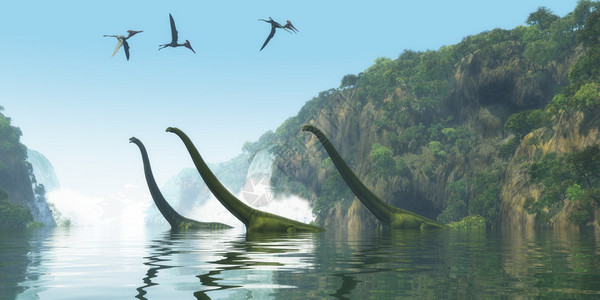 两只恐龙成年马门奇龙护送一个年轻人渡过一条河而Pterodactylus鸟图片