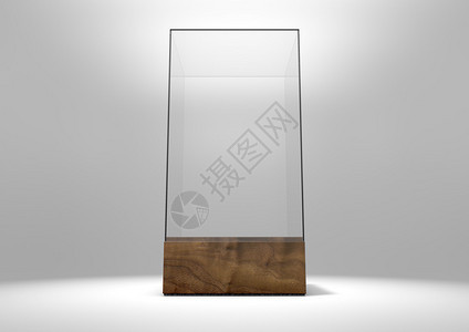 A3D以孤立的白色演播室背景用木制模具将空玻璃显示箱图片