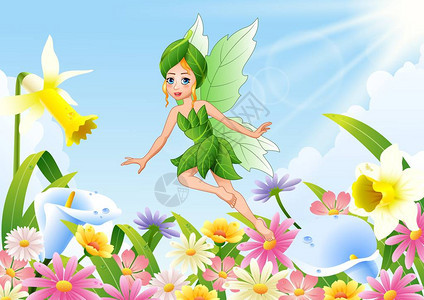 在花田飞翔的可爱仙女的矢量插图图片