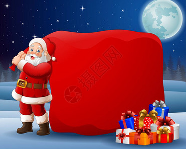 卡通圣诞老人拉大袋子的矢量图解图片