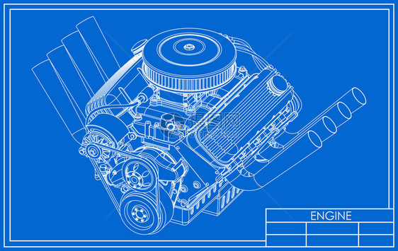 蓝色背景上的热棒V8发动机绘图图片