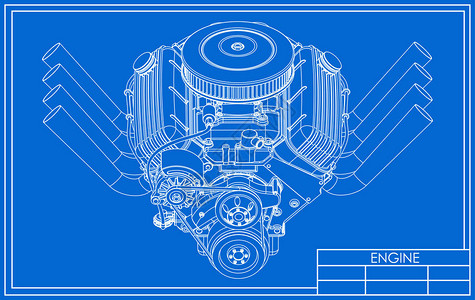 蓝色背景上的热棒V8发动机绘图图片