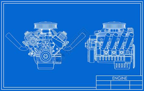 蓝色背景上的热棒V8发动机绘图图片