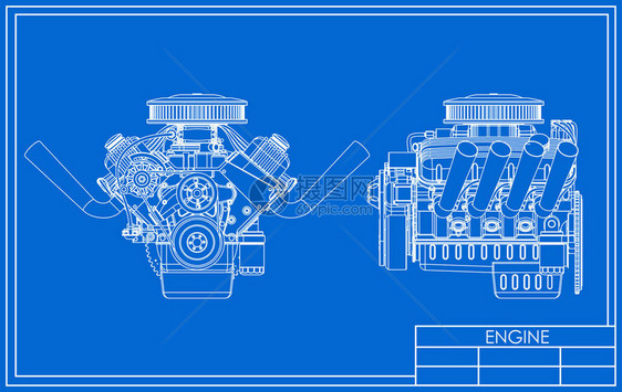 蓝色背景上的热棒V8发动机绘图图片
