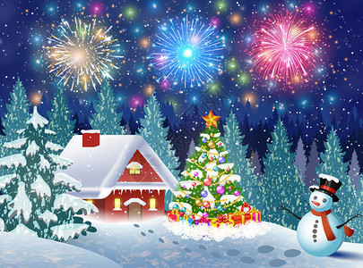 晚上下雪的圣诞景观中的一所房子圣诞树和雪人天空中的烟花贺卡或图片