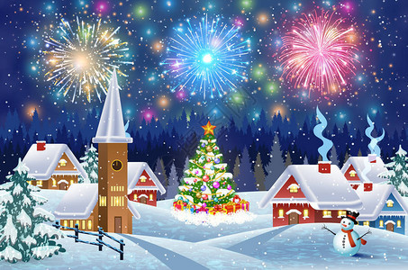 晚上下雪的圣诞景观中的一所房子圣诞树和雪人天空中的烟花贺卡或图片