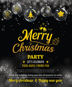 邀请欢乐圣诞节派对海报标语和卡片设计模板节日快乐和新年玻璃图片