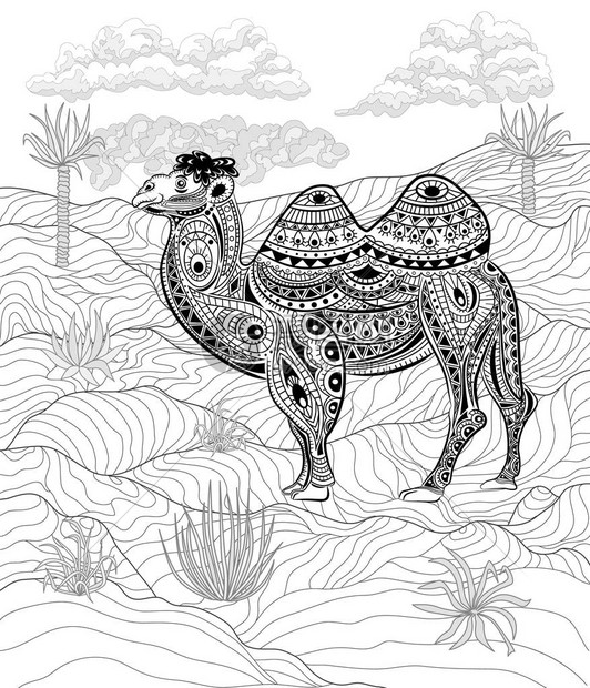 手绘墨水zentangle骆驼放松和冥想矢量黑白插图可用于儿童和成人的图片