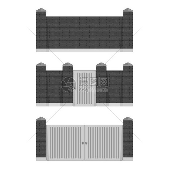 石砖栅栏设置与门和孤立的白色背景黑颜色的城堡塔墙壁石篱芭城堡图片