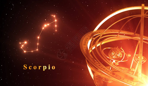 Zodiac星座天蝎和圆形环绕红色背景的宇宙图片