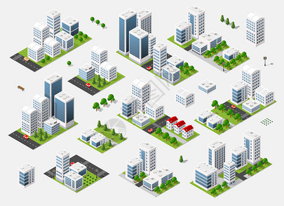 等距设置3D城市夏天镇季度摩天大楼公寓办公室房屋和街道图片