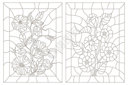 在彩色玻璃风格辛尼亚和野玫瑰中设置轮廓图示图片
