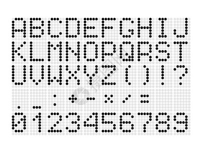 用于数字记分牌的带有字母数字数学符号和标点符号的数字虚线字体白色背景上的图片