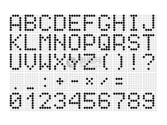 用于数字记分牌的带有字母数字数学符号和标点符号的数字虚线字体白色背景上的图片