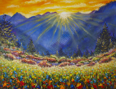 在山上的花草上画着日出的原始油画现代压抑主义艺术背景图片