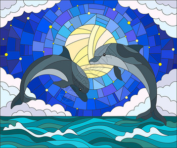 以彩色玻璃风格与一对海豚在水云星空和月亮背景上的染色玻图片