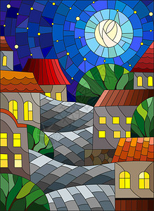 彩色玻璃风格城市地貌屋顶和树木对图片