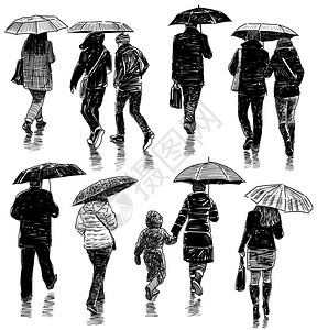 街上雨伞下的市民手绘图片